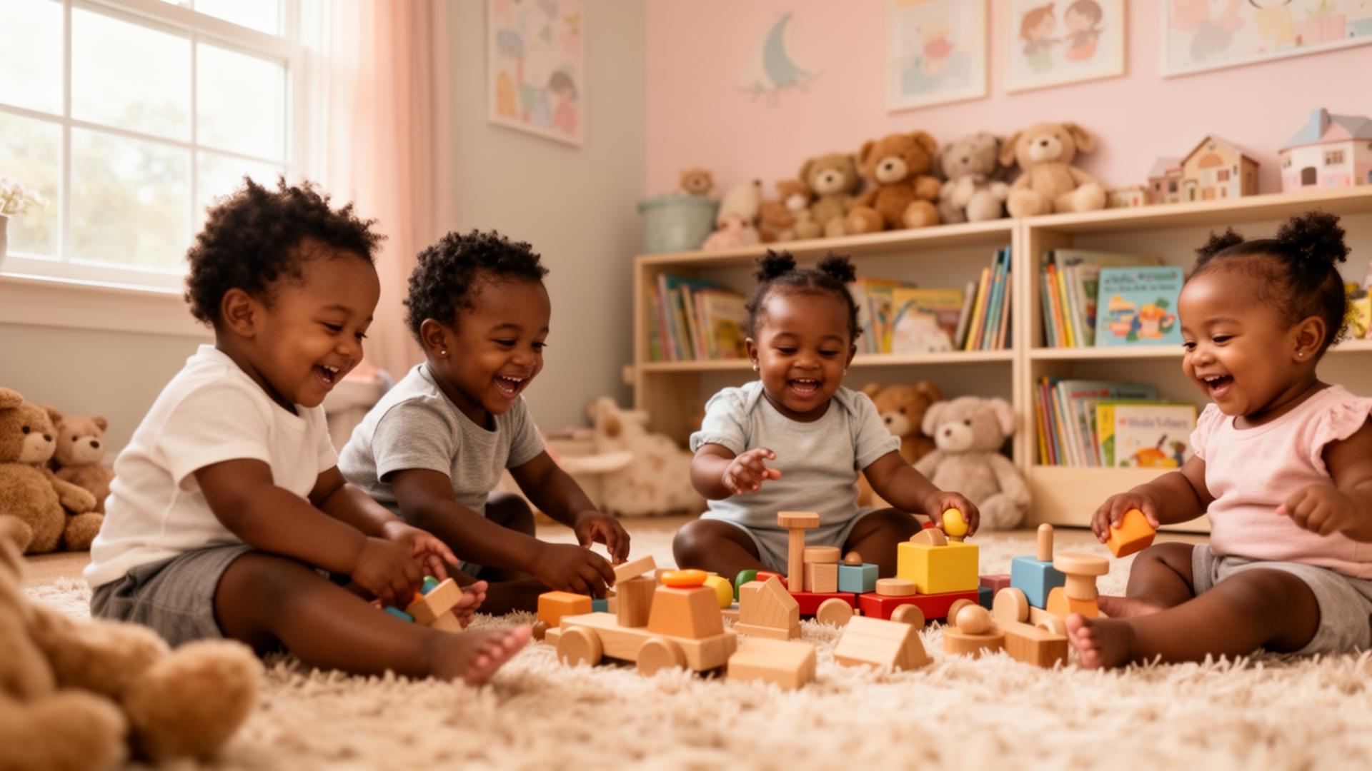 Cozy modern home daycare playroom with soft pastel decor